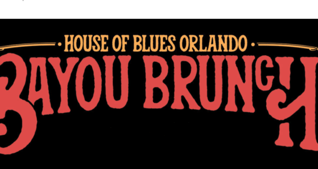 House of Blues black and red sign with bold yellow lettering, inviting Disney Springs guests to the Bayou Brunch experience.