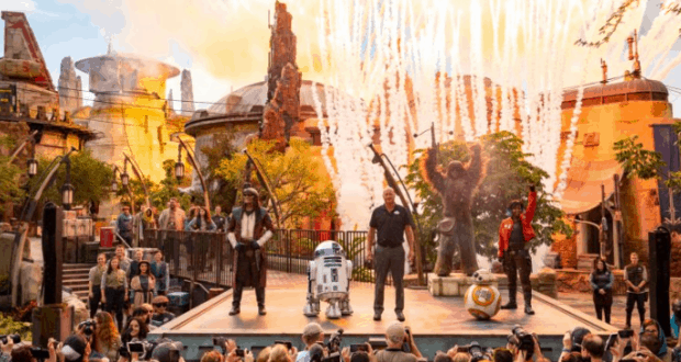 Star Wars heroes take the stage amid dazzling fireworks and cheering fans at Galaxy’s Edge during Disney Parks LIVE.