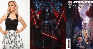 Classic Star Wars villains wielding red lightsabers, comic cover art, and a stylish guest in black and white—Galaxy’s Edge vibes.