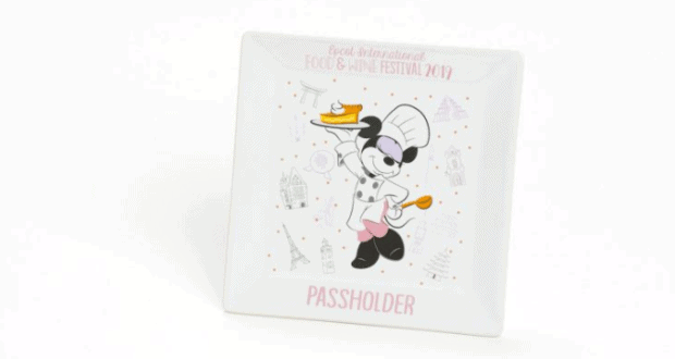 Minnie Mouse as a chef on a square plate, holding food, with "Passholder" and "Epcot International Food & Wine Festival 2019.