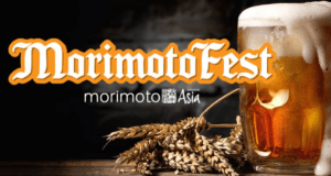 A chilled beer with wheat by the MorimotoFest and Morimoto Asia logos, celebrating Disney World’s lively festival scene.