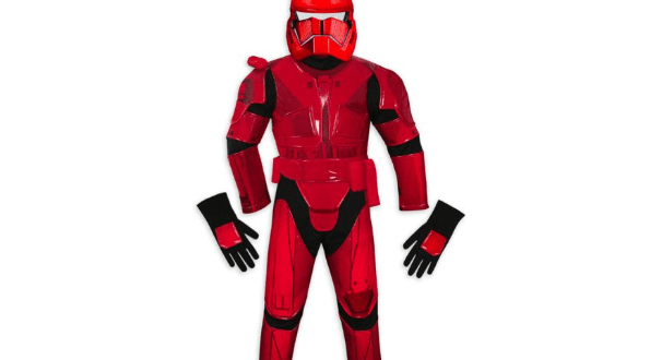 Sith Trooper costume from Star Wars, with helmet and armor, as seen in Disney Parks merchandise displays on a white backdrop.