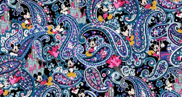 Disney-inspired paisley print featuring Mickey, Minnie, Cinderella Castle & hearts on dark fabric from the Vera Bradley Collection.