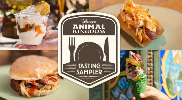 Animal Kingdom Winter 2019 Tasting Sampler logo with ice cream, hot dog, sandwich, and cone at Walt Disney World.