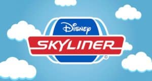 Disney Skyliner logo set against a blue sky and playful clouds, reflecting the whimsical spirit of Walt Disney World resorts.