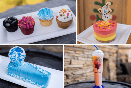 Frozen 2-inspired desserts and a themed drink await on white plates and a cup—must-try treats for Disney World fans.