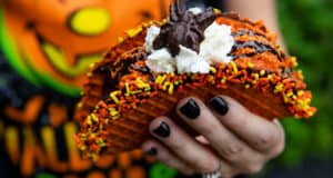 An orange waffle taco topped with sprinkles, whipped cream, and a chocolate spider—exclusive at Disney Springs for Halloween.