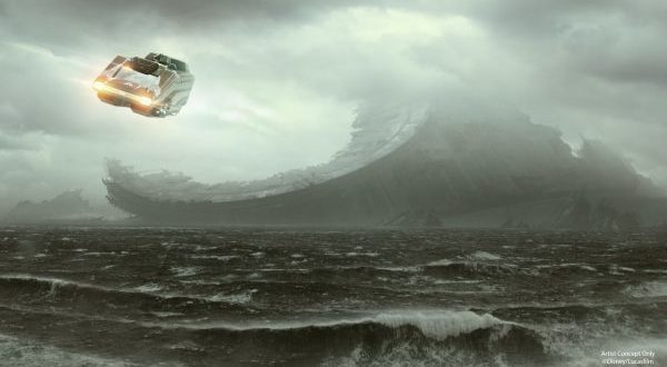 A spaceship soars above churning waves toward a colossal crashed ring, evoking the thrill of Disney Parks’ Star Tours adventure.