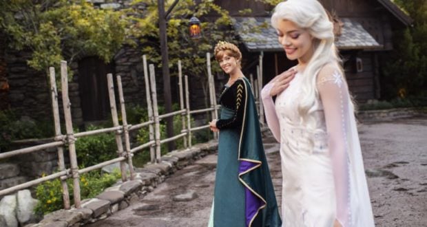 Anna and Elsa from Frozen 2 stroll by a rustic fence and stone building, bringing Disney World enchantment to the outdoors.