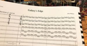 Sheet music for "Galaxy's Edge" by Star Wars composer John Williams, featuring musical notes from the Disney Parks attraction.