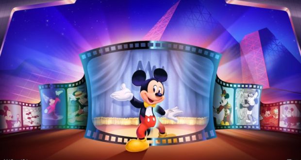 Mickey Mouse takes center stage at Disney World, with film strips of his cartoon adventures behind him for a classic Epcot photo op.