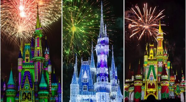 Walt Disney World’s castles shimmer at night as Minnie's Wonderful Christmastime Fireworks light up an enchanting holiday sky.