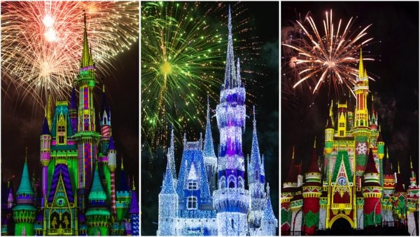 Walt Disney World’s castles shimmer at night as Minnie's Wonderful Christmastime Fireworks light up an enchanting holiday sky.