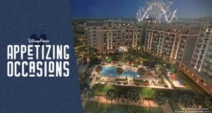 Disney World resort at night dazzles with fireworks over the pool and palm trees; “Appetizing Occasions” sets an eventful mood.