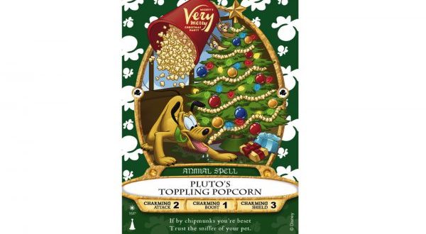 Pluto topples a popcorn garland Christmas tree on a Sorcerers of the Magic Kingdom holiday trading card at Walt Disney World.
