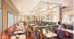 Beaches & Cream Soda Shop bustling with guests enjoying classic desserts as waitstaff serve tables after the Disney reopening.