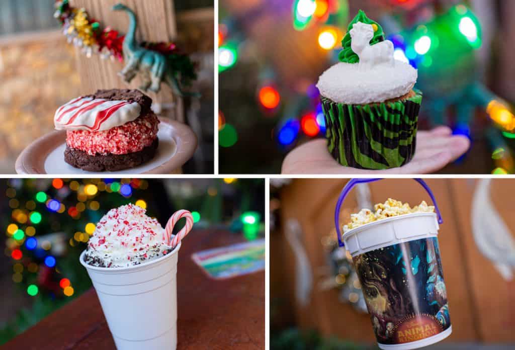 Discover Disney Parks’ holiday favorites—cookie sandwich, cupcake, hot chocolate, and popcorn bucket—perfect for festive fun!.