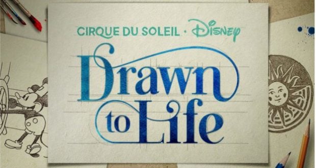 Cirque du Soleil and Disney’s Drawn to Life poster at Disney Springs, showing Mickey sketches and a glowing sun face motif.