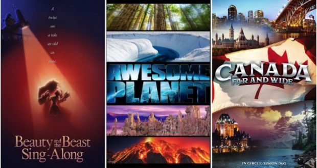 Epcot displays posters for Beauty and the Beast Sing-Along, Awesome Planet, and Canada Far and Wide—highlighting new attractions.