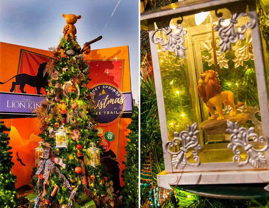 Simba-themed ornaments and lanterns decorate The Lion King Christmas tree on Disney Springs’ festive Christmas Tree Trail.