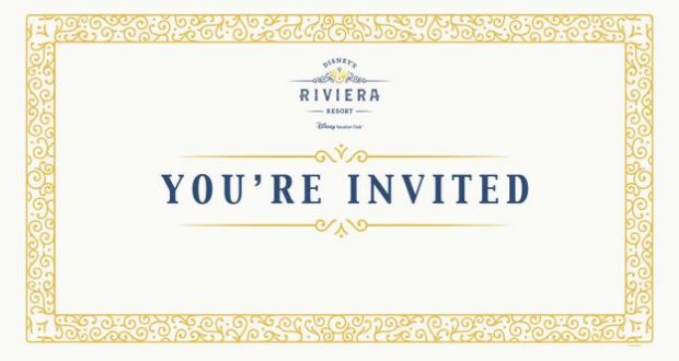 Elegant gold-trimmed invite announces “You’re Invited” to the Grand Opening of Disney’s Riviera Resort at Walt Disney World.