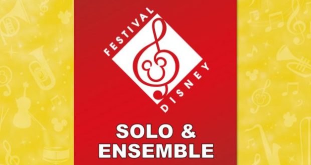 Vibrant Disney Festival logo with treble clef Mickey ears, "Disney Solo and Ensemble" text on yellow, evoking magical park music events.