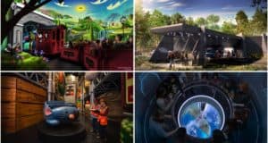 Collage of Walt Disney World icons: the railroad, Space Mountain, Mad Tea Party teacups, and Space 220 restaurant—Disney magic awaits!.