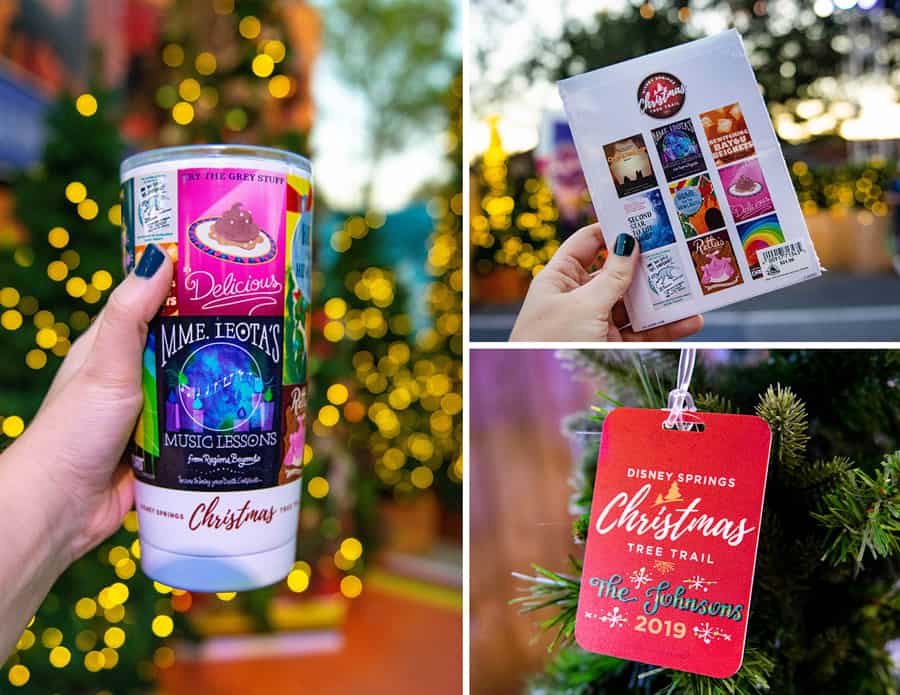 Disney Springs holiday merch collage: festive cup, collectible stickers, and a custom ornament from the Christmas Tree Trail.