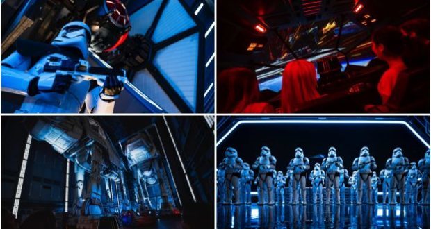 Exciting scenes from Star Wars: Rise of the Resistance at Hollywood Studios, with stormtroopers, ride vehicles, and guests in action.