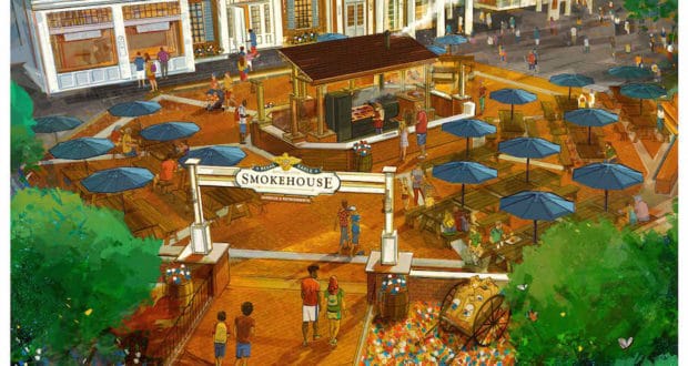 Regal Eagle Smokehouse at Epcot, bustling with guests under blue umbrellas, dining on Sam Eagle’s classic American BBQ.