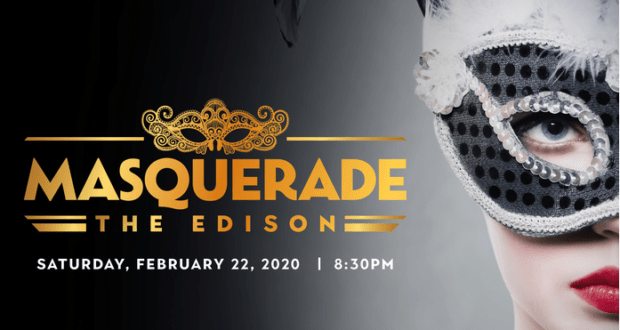 An excited guest in a decorative mask prepares for the first-ever Edison Masquerade; tickets available now for this main event.