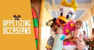 Daisy Duck shares a warm hug with two happy kids at a lively Disney Parks restaurant near the "Appetizing Occasions" sign.