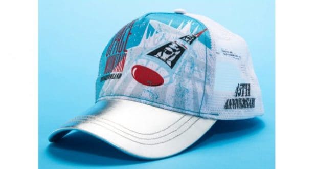 Space Mountain-inspired 45th Anniversary cap with white and blue mesh, red-and-black graphics, and metallic silver brim.