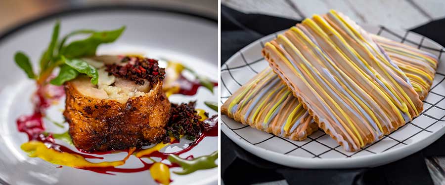 Epcot-inspired gourmet stuffed chicken and two frosted pastries from the 2020 Foodie Guide, served on themed plates.