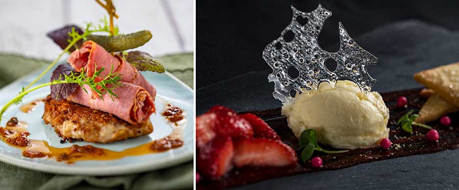 Gourmet meat entrée and a show-stopping dessert with ice cream, berries, and sugar art from Epcot International Festival 2020.