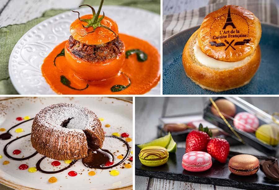 A vibrant spread of French desserts from Epcot’s Festival of the Arts, featuring macarons, lava cake, baked tomato, and pastries.