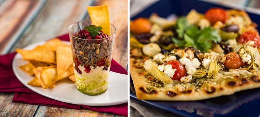 A vibrant Epcot-inspired parfait, chips, and veggie flatbread with cheese on blue plates, just like at the Festival of the Arts.