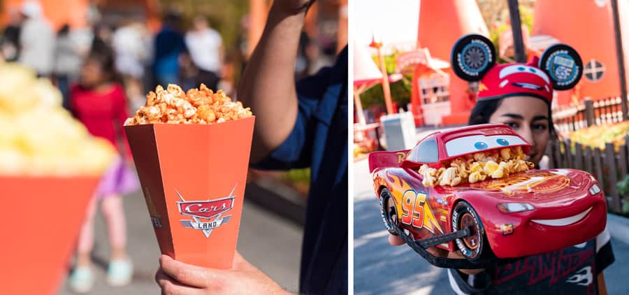 Left: Cars Land popcorn at Disney Parks. Right: Mickey ears guest with a Lightning McQueen bucket—popcorn magic for fans!.