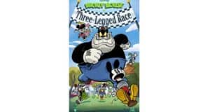 Mickey Mouse and Pete team up for a three-legged race as Disney pals cheer them on, capturing the energy of park poster art.