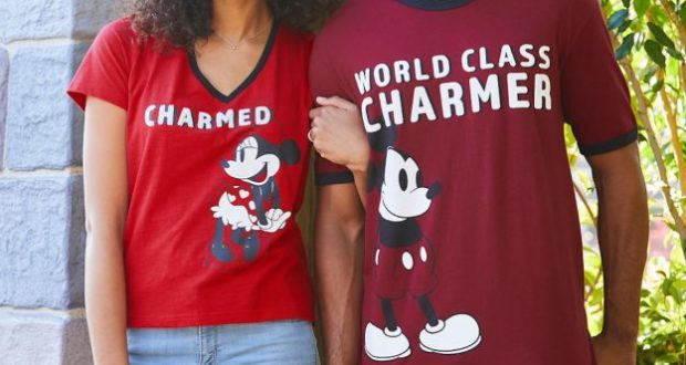 Matching red Mickey Mouse shirts read “CHARMED” and “WORLD CLASS CHARMER,” favorites for Disney Parks or shopDisney’s Valentine’s picks.