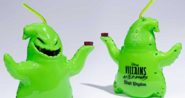 Oogie Boogie-themed green drink cups with straws; Disney Villains After Hours merch, Magic Kingdom logo on the back.