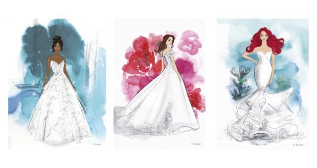 Disney princess-inspired wedding gowns from 2020, modeled by three illustrated women, dazzle against vibrant themed backdrops.