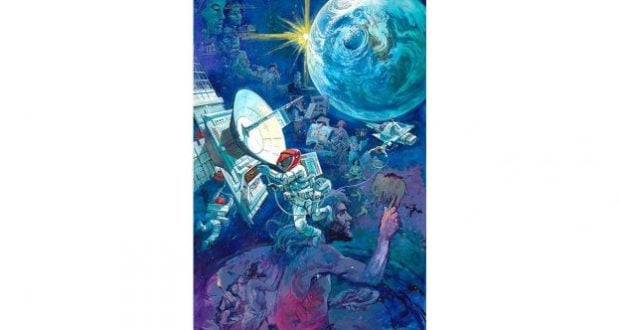 Vibrant space adventure artwork featuring EPCOT’s Spaceship Earth, astronauts, satellites, and cosmic designs on a blue backdrop.