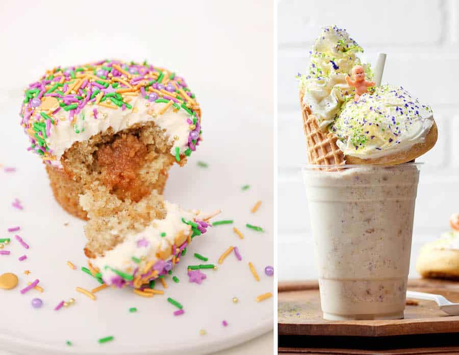 A festive cupcake with sprinkles and a Mardi Gras milkshake topped with a waffle cone, just like at Universal Orlando!.