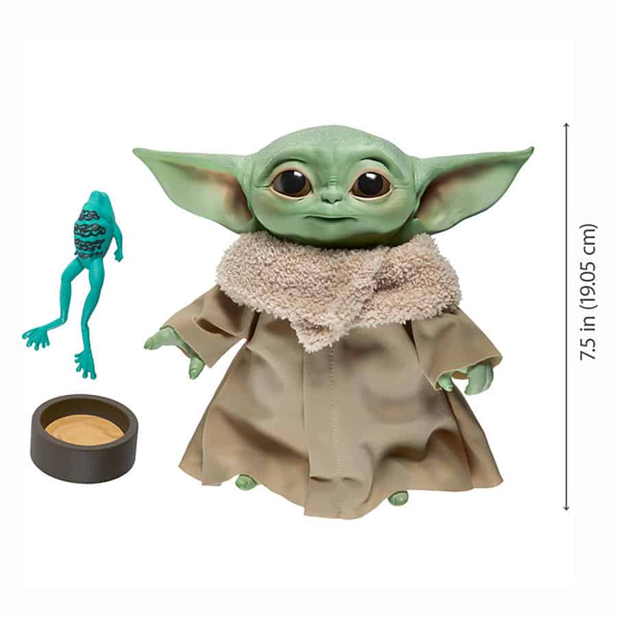 The Child plush from Star Wars: Galaxy’s Edge, with robe, frog toy, and bowl, stands 7.5 inches—perfect park souvenir!.