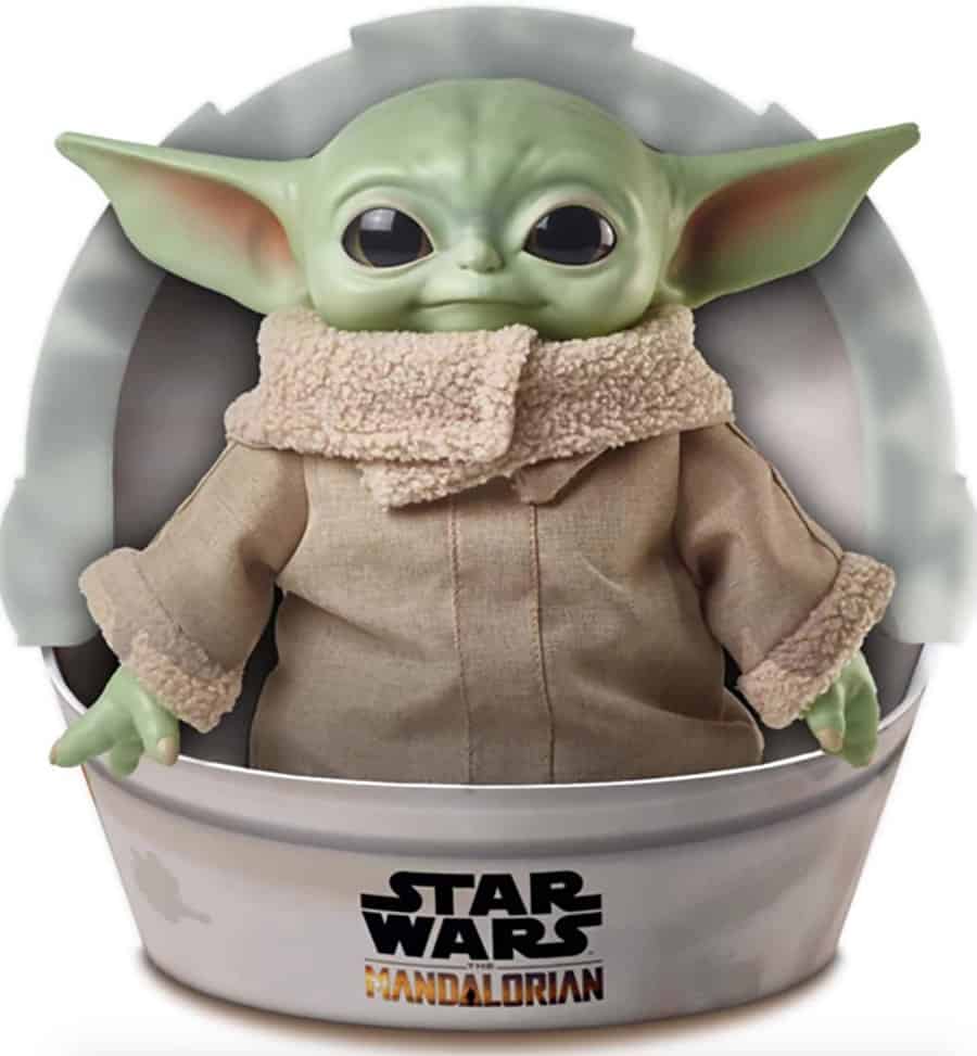 Grogu from The Mandalorian rides in a gray Star Wars pod—an irresistible collectible for Star Wars Galaxy’s Edge visitors.