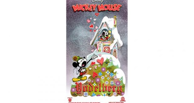 Mickey Mouse yodels to Minnie at a snowy, flower-filled alpine house; "Yodelberg Poster" from the Runaway Railway Countdown Series.