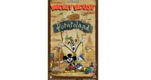 Colorful Potatoland poster with Mickey, Goofy, and Donald welcoming guests to a zany potato-themed park adventure.