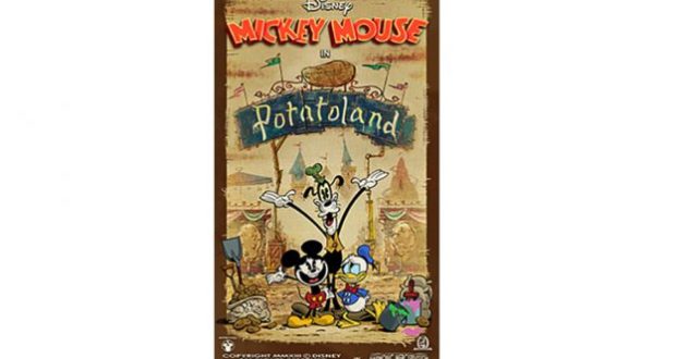 Colorful Potatoland poster with Mickey, Goofy, and Donald welcoming guests to a zany potato-themed park adventure.