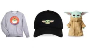 Grogu from The Mandalorian on sweatshirts, hats, and plush—perfect collectibles for Star Wars fans at Galaxy’s Edge.